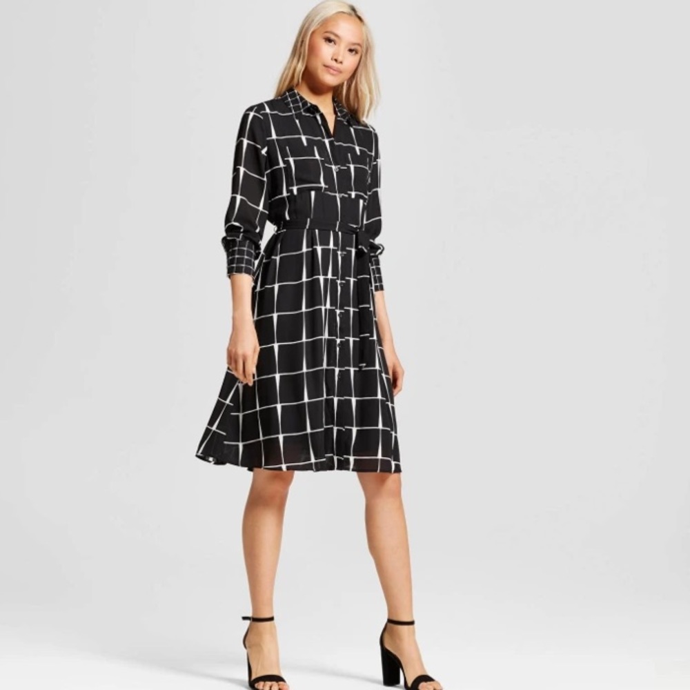 Who What Wear Black Plaid Ruffle Hem Shirt Dress M